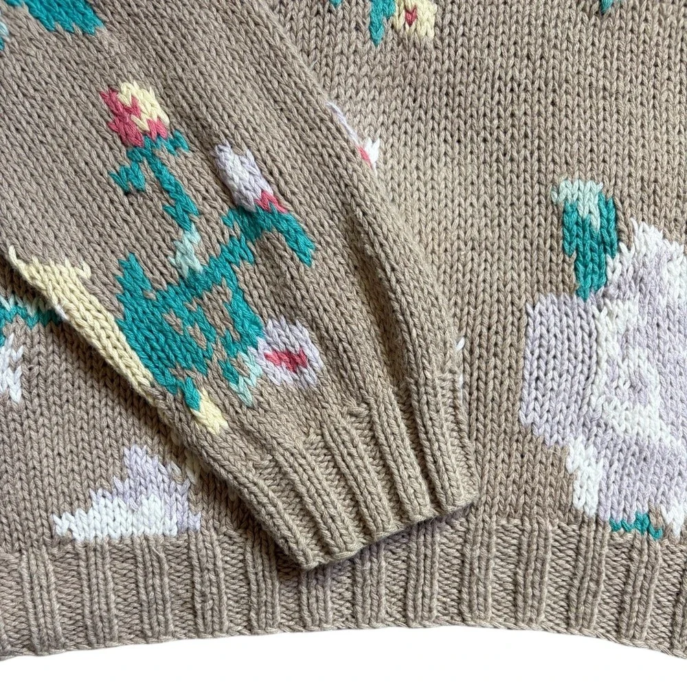 Vintage St Malo Floral Knit Sweater Tan Pink Yellow Intarsia Crewneck Womens L